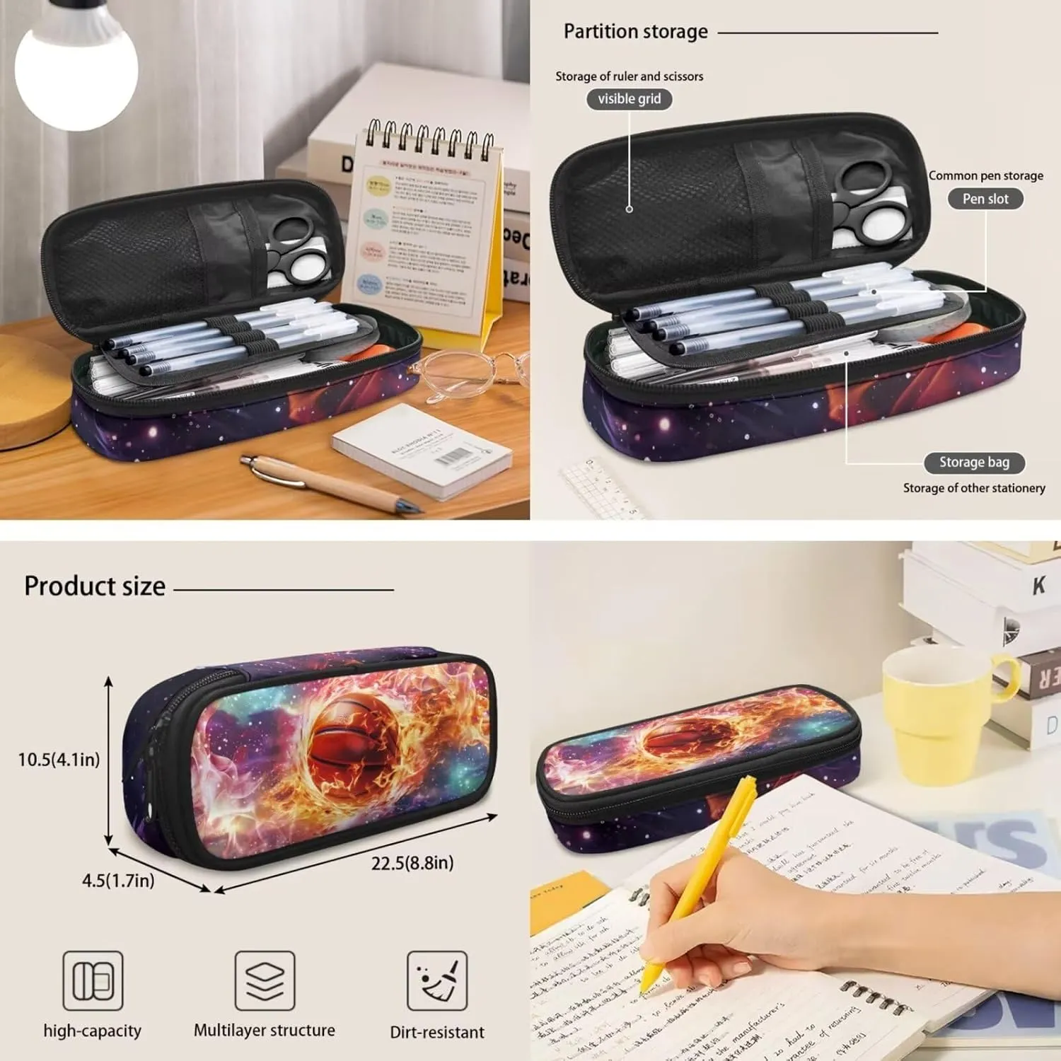 Fire Basketball Bookbag With Lunch Box for Boys 7-12 Kids Backpack Elementary Middle High School Bag Pencil Case Water Bottle Holder With Strap Coin Purse Teen Girls Bookbags for 6th Grade