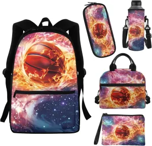 Fire Basketball Bookbag With Lunch Box for Boys 7-12 Kids Backpack Elementary Middle High School Bag Pencil Case Water Bottle Holder With Strap Coin Purse Teen Girls Bookbags for 6th Grade