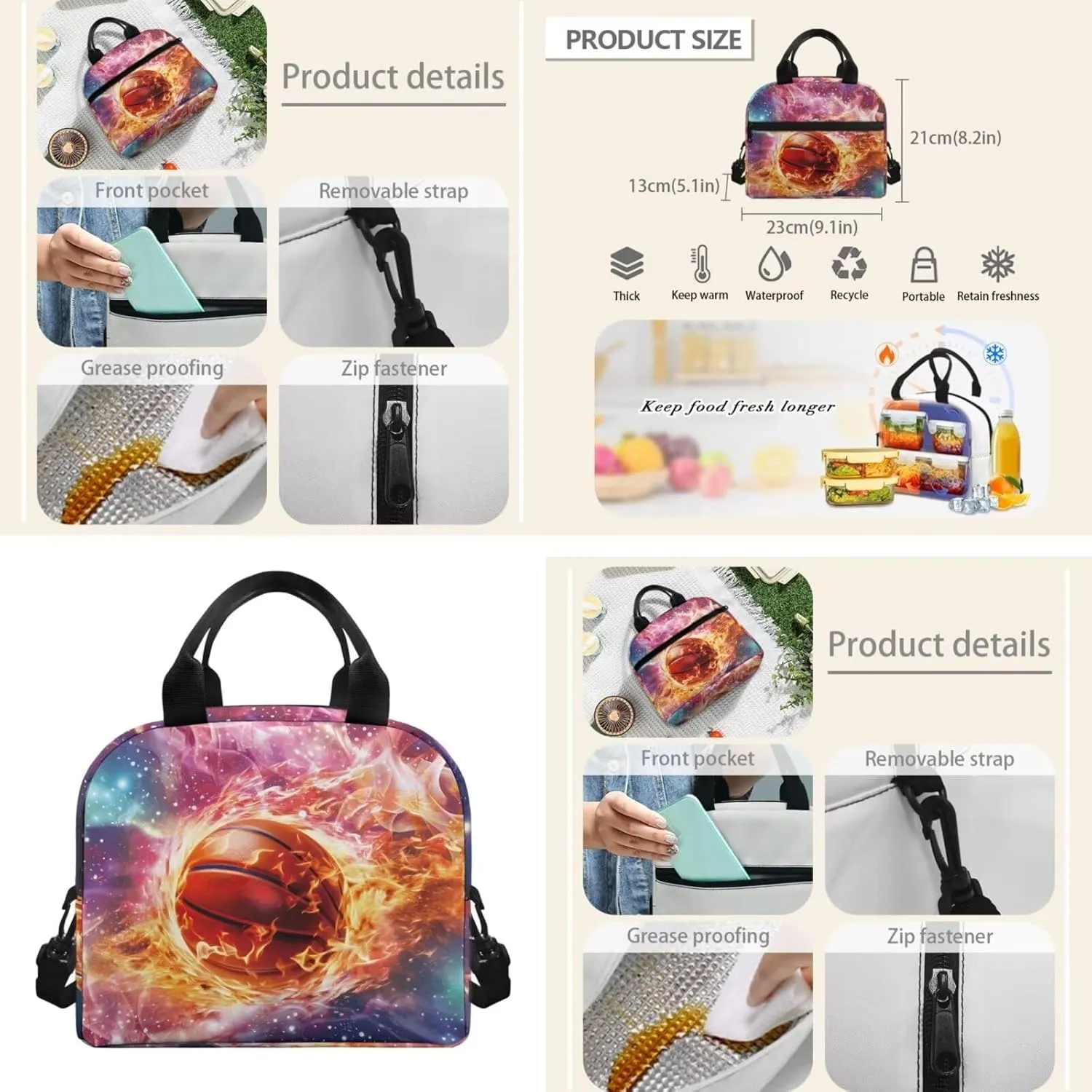 Fire Basketball Bookbag With Lunch Box for Boys 7-12 Kids Backpack Elementary Middle High School Bag Pencil Case Water Bottle Holder With Strap Coin Purse Teen Girls Bookbags for 6th Grade