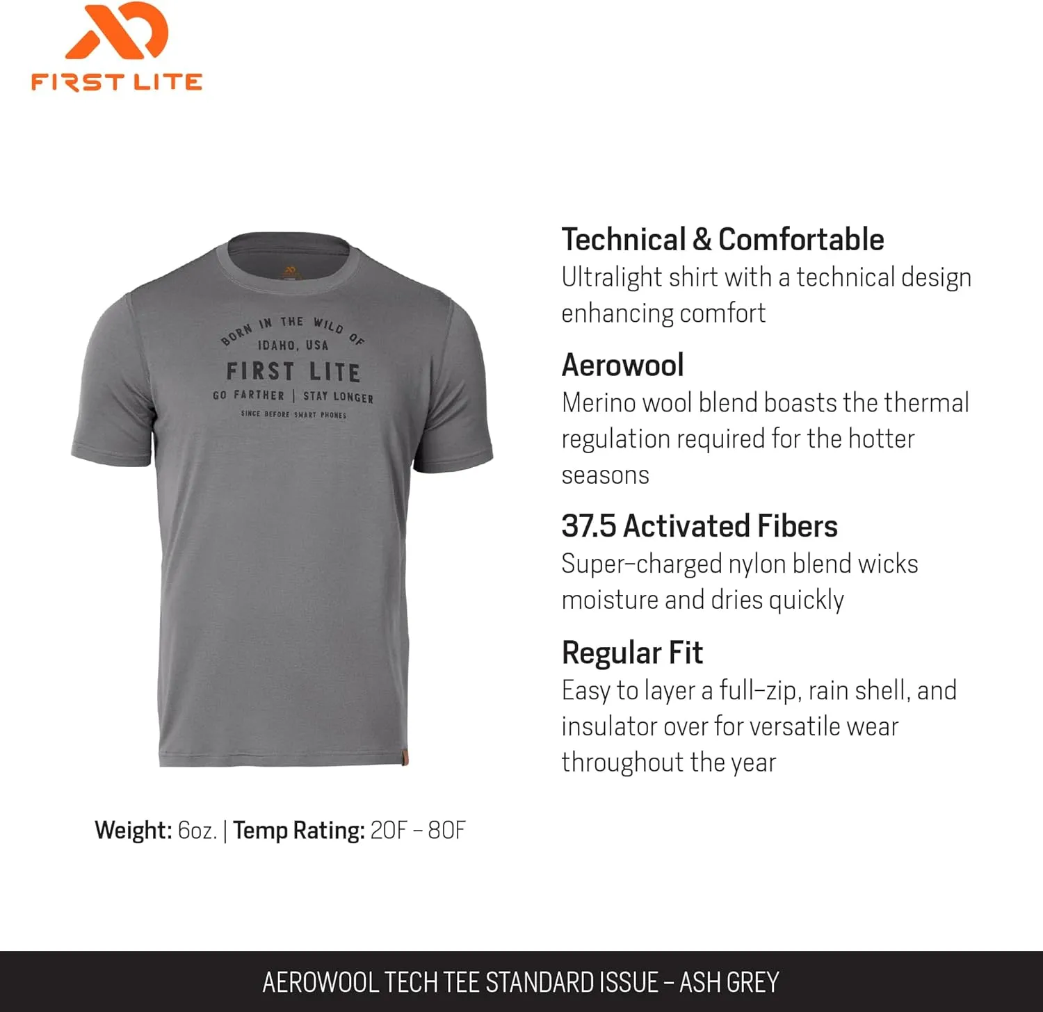 First Lite Men's Aerowool Tech Tee - Durable Merino Wool T-Shirt