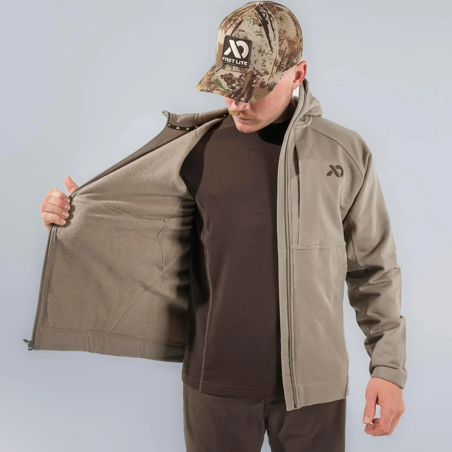 First Lite Men's Rugged Wool Zip Hoody - Durable Merino Wool Camo Hunting Jacket