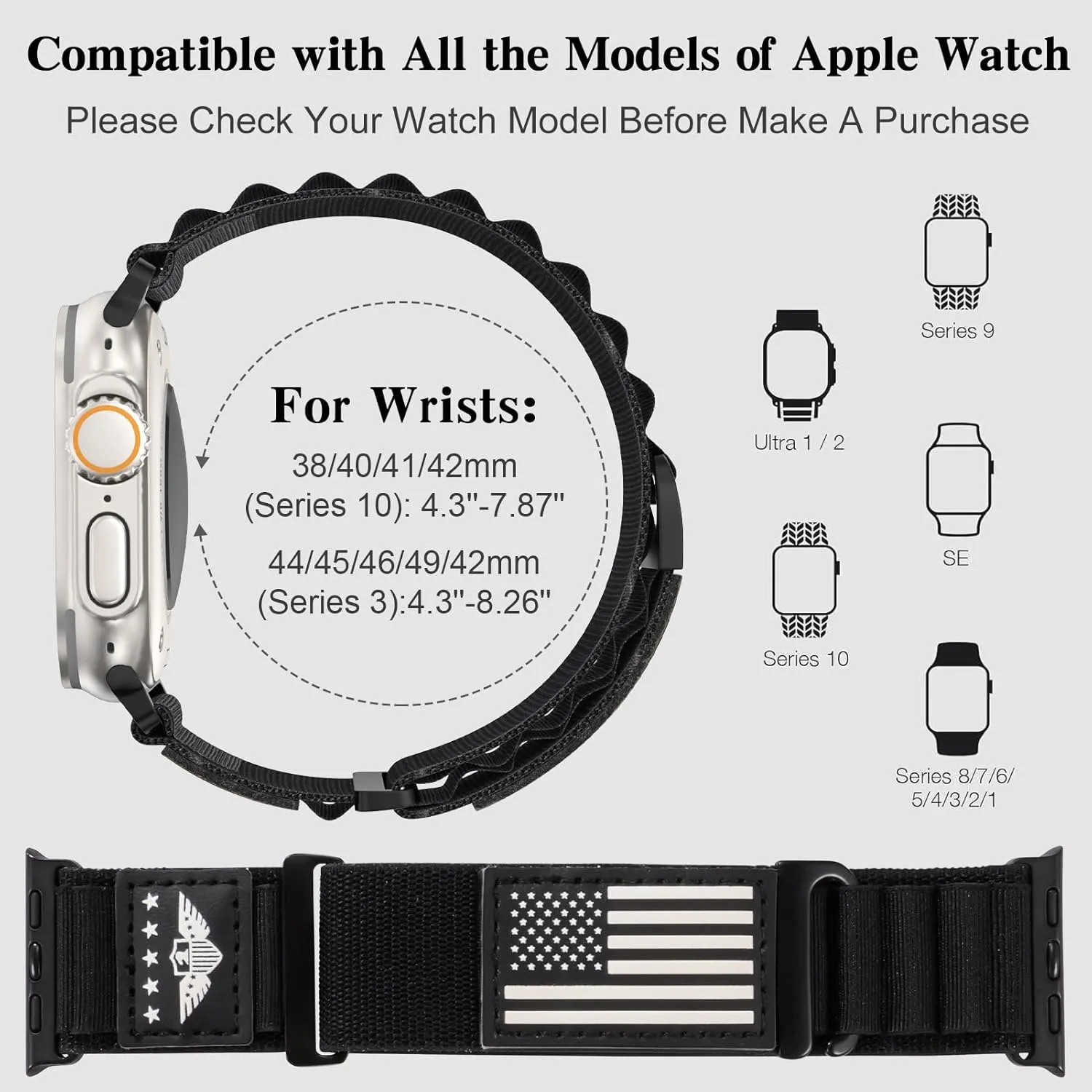 Flag Alpine Loop Nylon Watch Band Compatible with Apple Watch Ultra/Ultra 2 Series 10/9/8/7/6/5/4/3/2/1 SE Breathable Sport Flag iWatch Wristband for Apple Watch 49/46/45/44/42/41/40/38mm