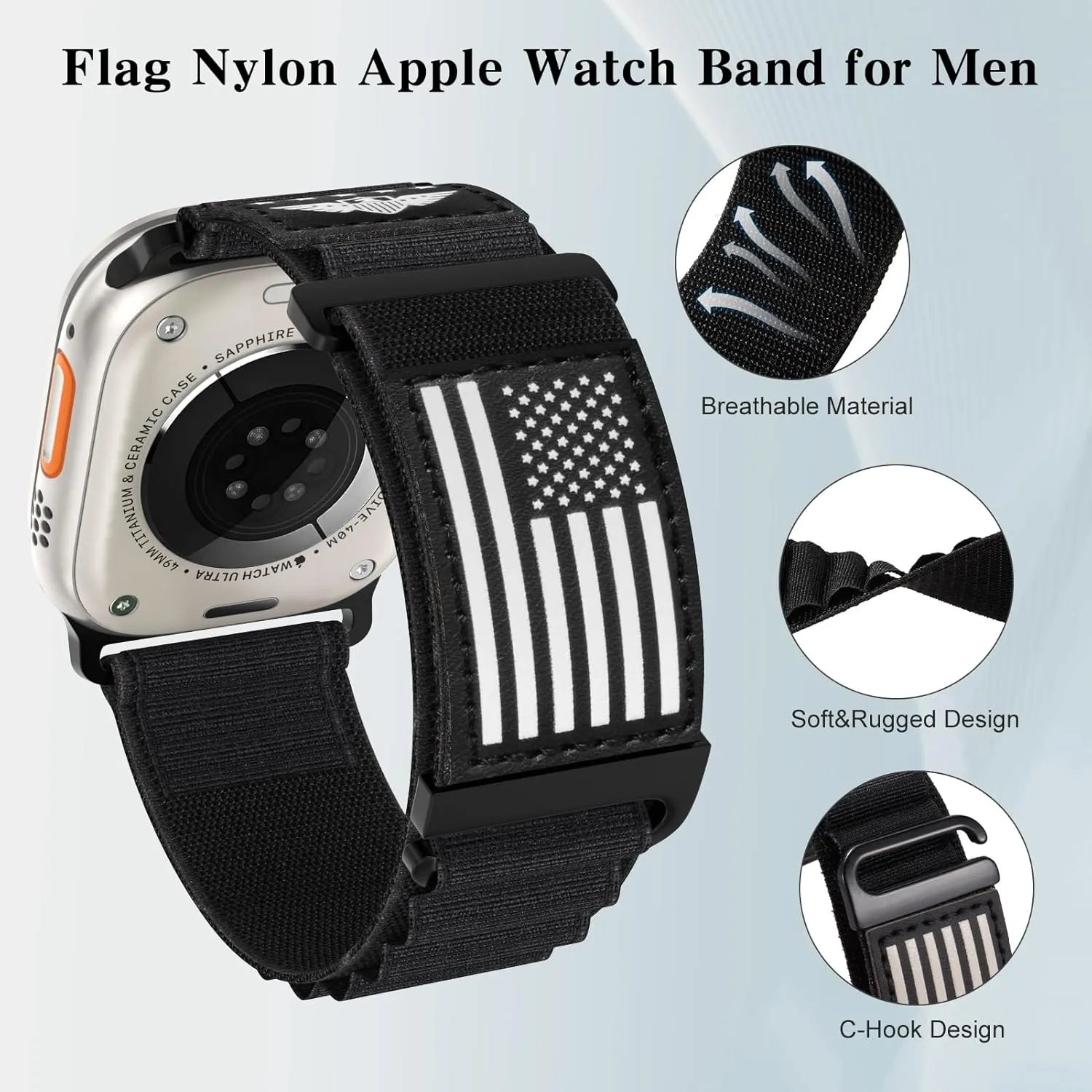 Flag Alpine Loop Nylon Watch Band Compatible with Apple Watch Ultra/Ultra 2 Series 10/9/8/7/6/5/4/3/2/1 SE Breathable Sport Flag iWatch Wristband for Apple Watch 49/46/45/44/42/41/40/38mm
