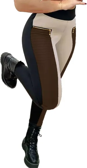 Flamingals Faux Leather Mid Waisted Tummy Control Motorcycle Leggings for Women Stretchy with Pockets Patch Zip