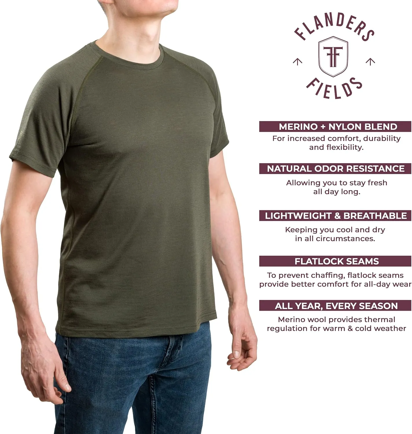 Flanders Fields Outdoor Merino Wool T-Shirt – Lightweight & Durable | Quick-Dry, Moisture-Wicking, Odor Resistant