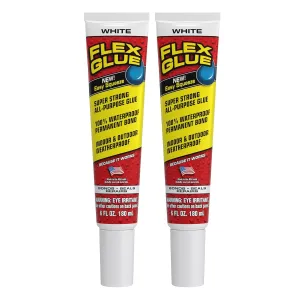 Flex Glue, Super Strong, Rubberized Waterproof Adhesive, Works Underwater, Use on Pools, Showers, Outdoors, Concrete, Brick, Pavers, UV Resistant, 6 oz Squeeze Tube, White, 2-Pack