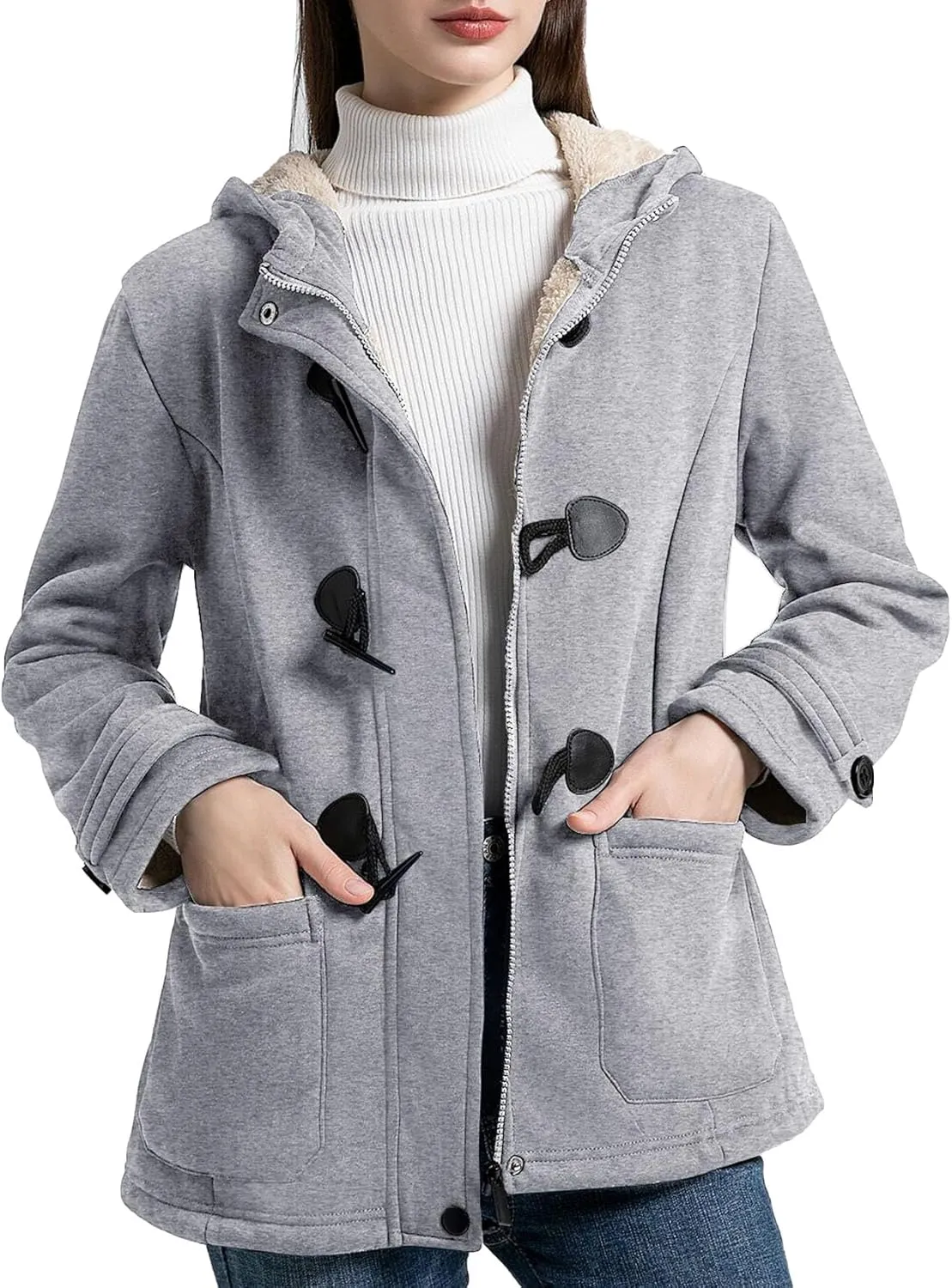 Flygo Women Sherpa Lined Hoodie Jacket Toggle Duffle Coat Warm Hooded Fleece Jackets Fall Winter Coats