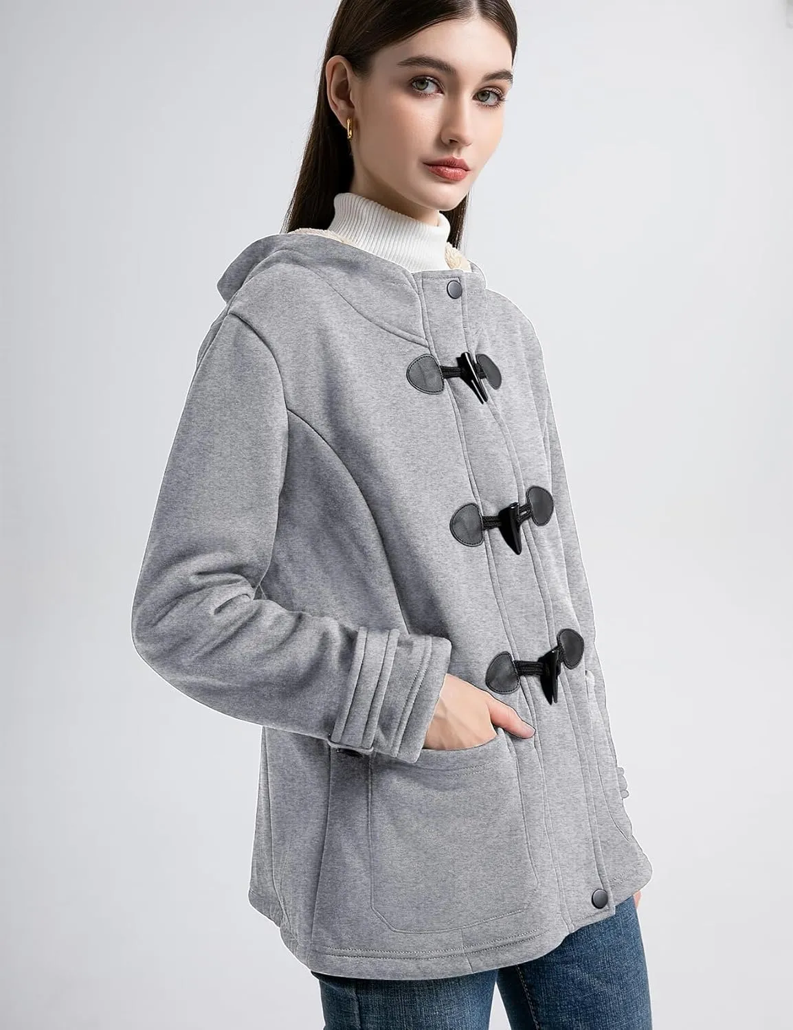 Flygo Women Sherpa Lined Hoodie Jacket Toggle Duffle Coat Warm Hooded Fleece Jackets Fall Winter Coats