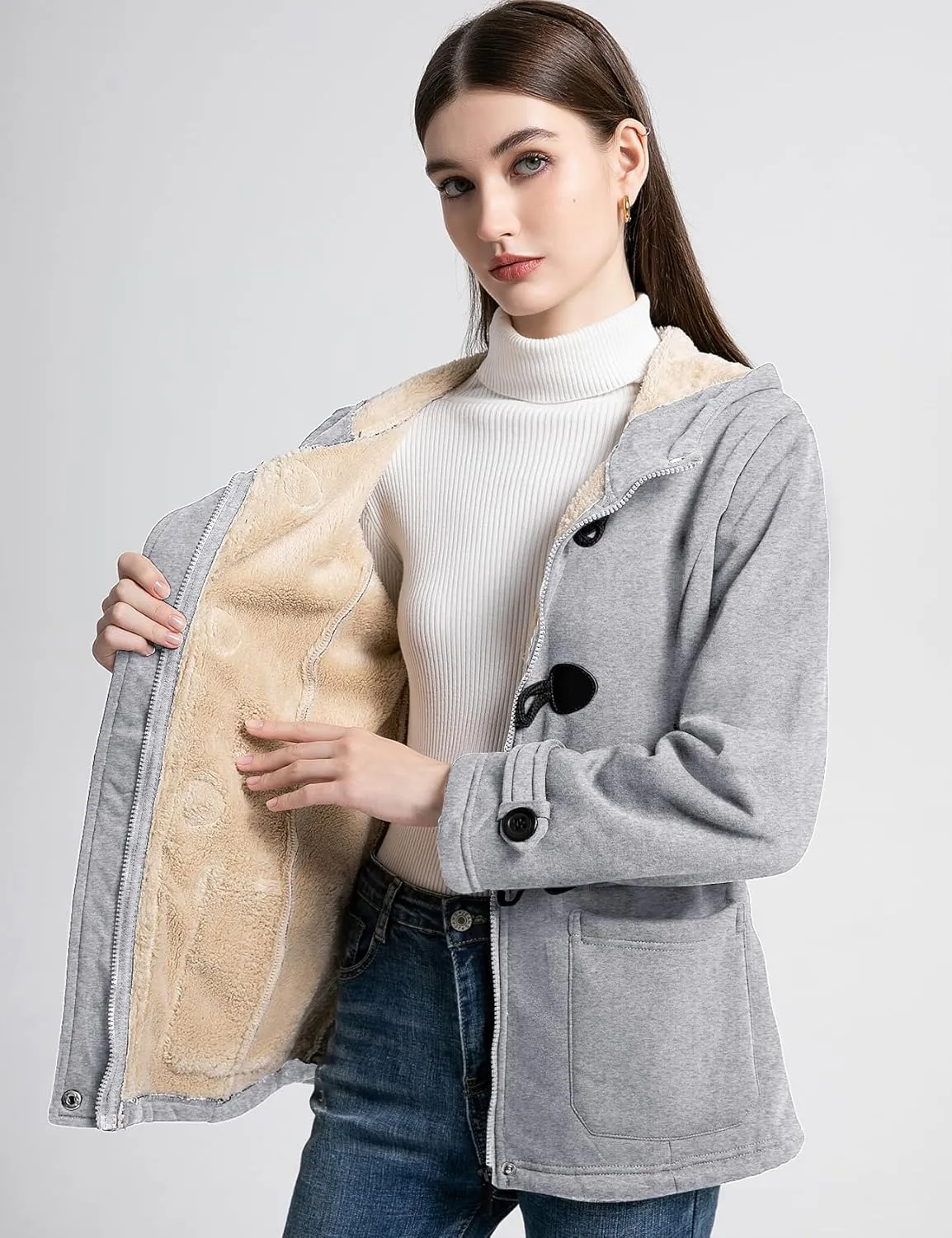 Flygo Women Sherpa Lined Hoodie Jacket Toggle Duffle Coat Warm Hooded Fleece Jackets Fall Winter Coats