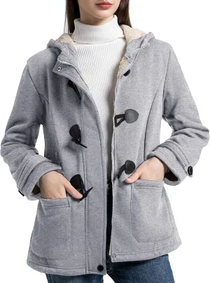 Flygo Women Sherpa Lined Hoodie Jacket Toggle Duffle Coat Warm Hooded Fleece Jackets Fall Winter Coats
