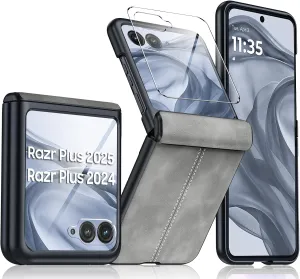 for Motorola razr  Plus 2024 Case/Razr  Plus 2025 Case Built-in Screen Protector& Hinge Protection & Ultra Thin PU Leather Matte PC Shockproof Phone Case for Moto Razr  2024/Razr  2025 (Gray)