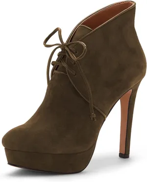 FOWT Women Fashion Suede Platform Lace up Ankle Boots Elegant Closed Round Toe 4 IN Heel Pumps Comfort Patchwork High Heel Dress Party Shoes, Green US Size 4-16 M