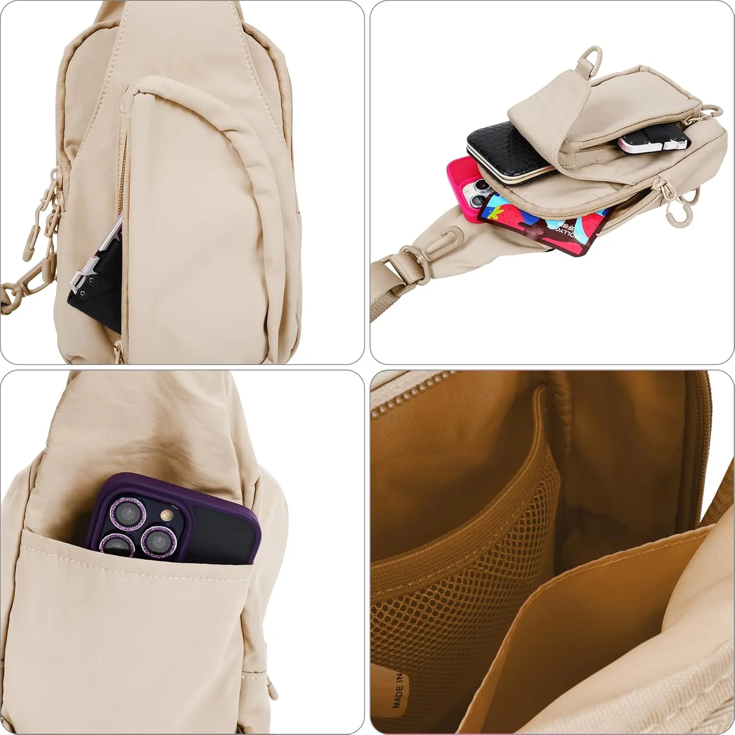 FREE ROCK Small Crossbody Bag Mini Nylon Sling Bag Cross Body Bag Chest Bag For Outdoors Hiking Traveling For Women Men (Beige)