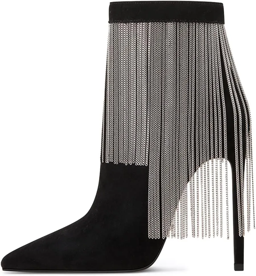 FSJ Women Fashion High Heel Ankle Boots with Rivets Closed Pointed Toe Stilettos Zipper Unique Style Shoes Size 4-15 M US