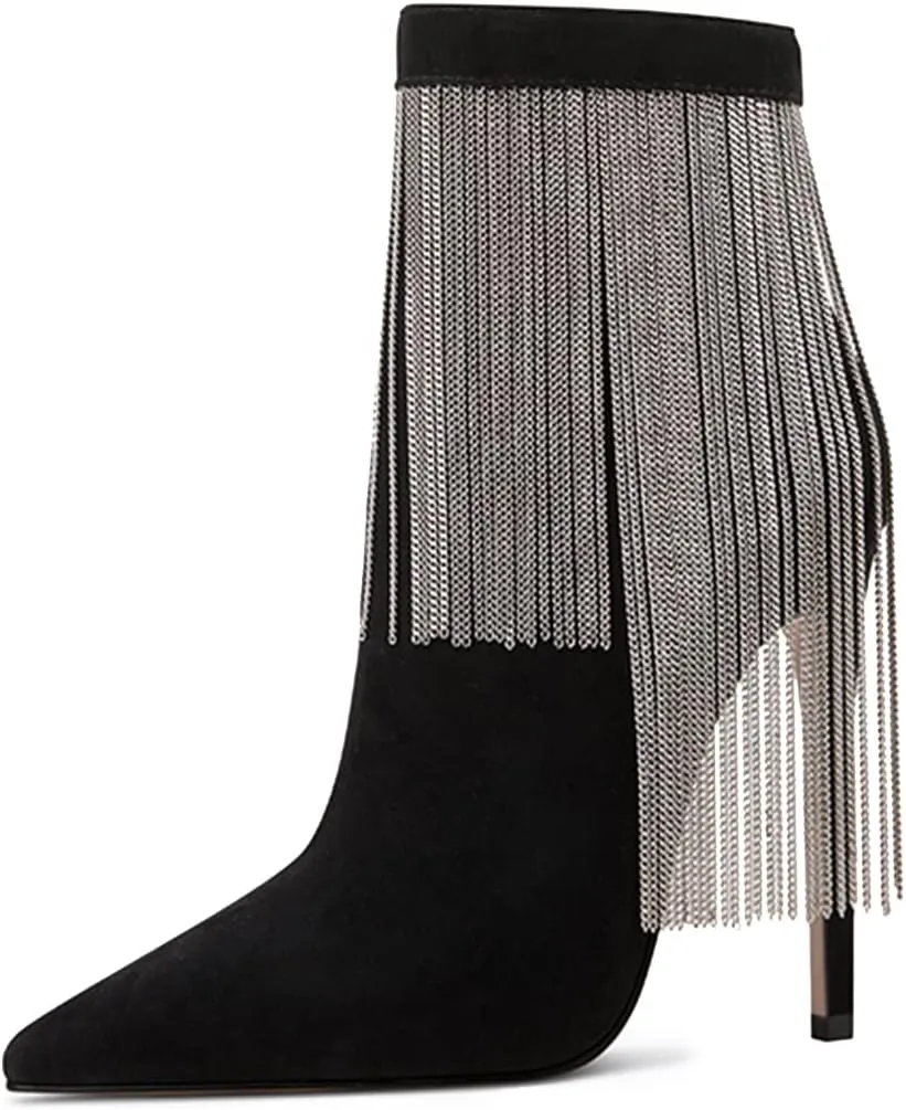 FSJ Women Fashion High Heel Ankle Boots with Rivets Closed Pointed Toe Stilettos Zipper Unique Style Shoes Size 4-15 M US