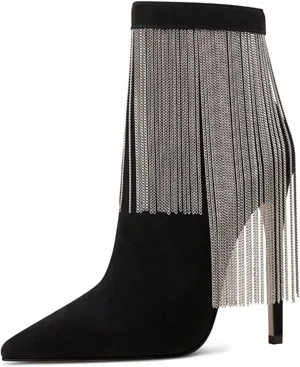 FSJ Women Fashion High Heel Ankle Boots with Rivets Closed Pointed Toe Stilettos Zipper Unique Style Shoes Size 4-15 M US
