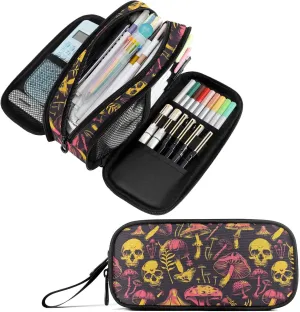 Fustylead Acid Bright Of Poisonous Mushrooms and Skulls Large Pencil Case Portable Stationery Bag Cosmetics Bag with Handle for School Office Travel
