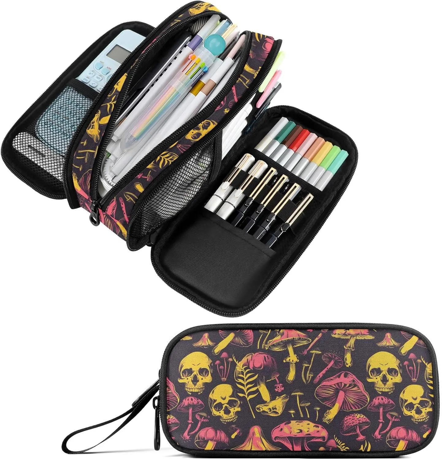 Fustylead Acid Bright Of Poisonous Mushrooms and Skulls Large Pencil Case Portable Stationery Bag Cosmetics Bag with Handle for School Office Travel