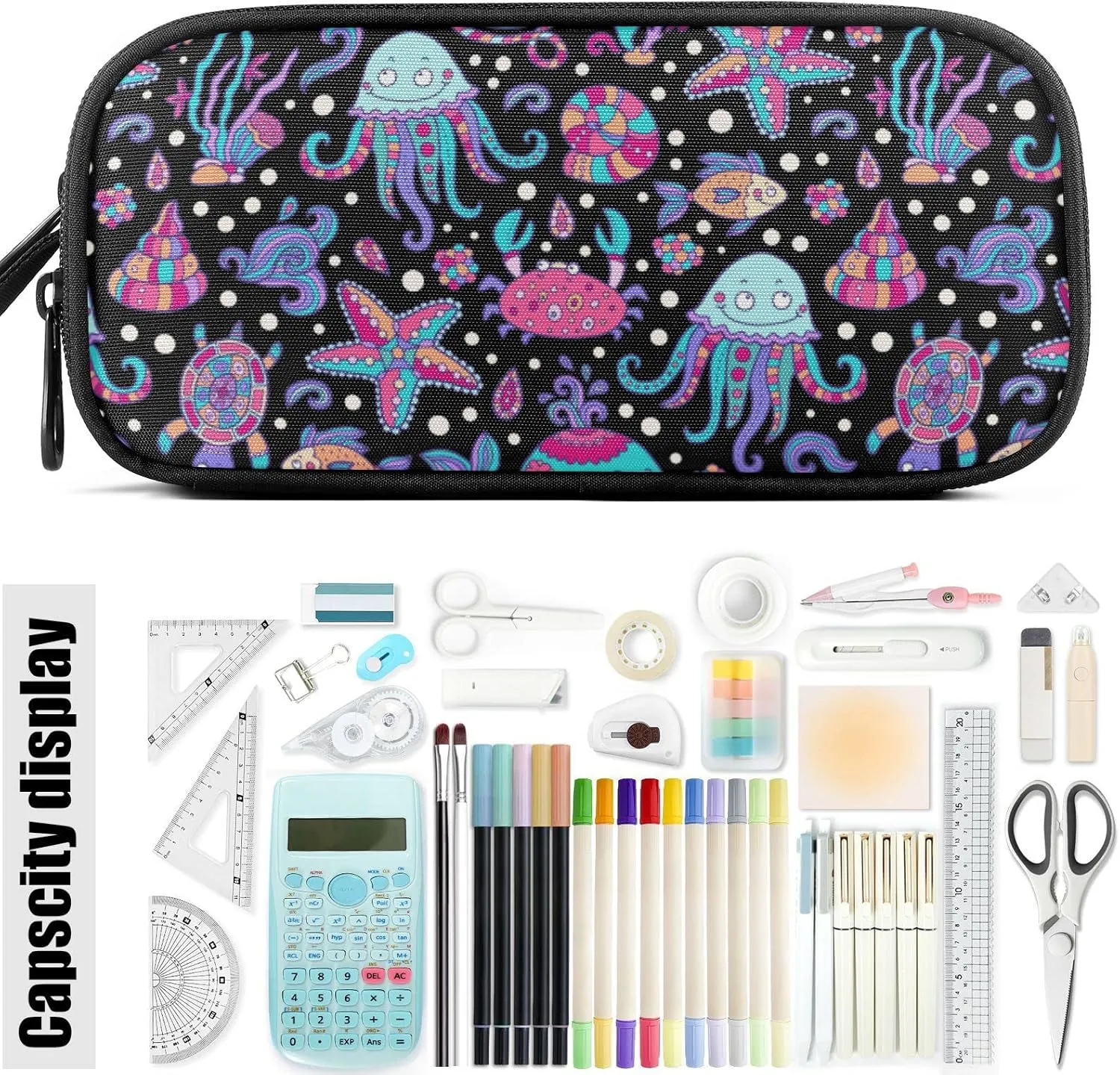 Fustylead Starfish Jellyfish Turtle Fish Pen Pencil Case Makeup Pouch Big Capacity Multi-Purpose Travel Bag Office Organizer with Zipper