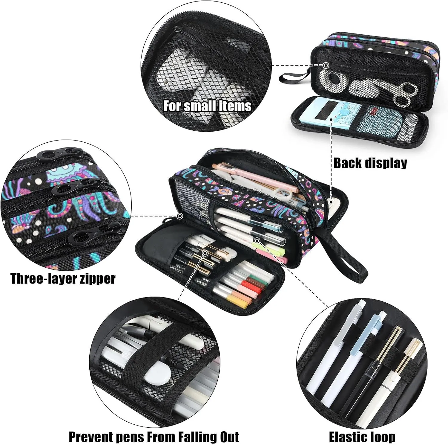 Fustylead Starfish Jellyfish Turtle Fish Pen Pencil Case Makeup Pouch Big Capacity Multi-Purpose Travel Bag Office Organizer with Zipper