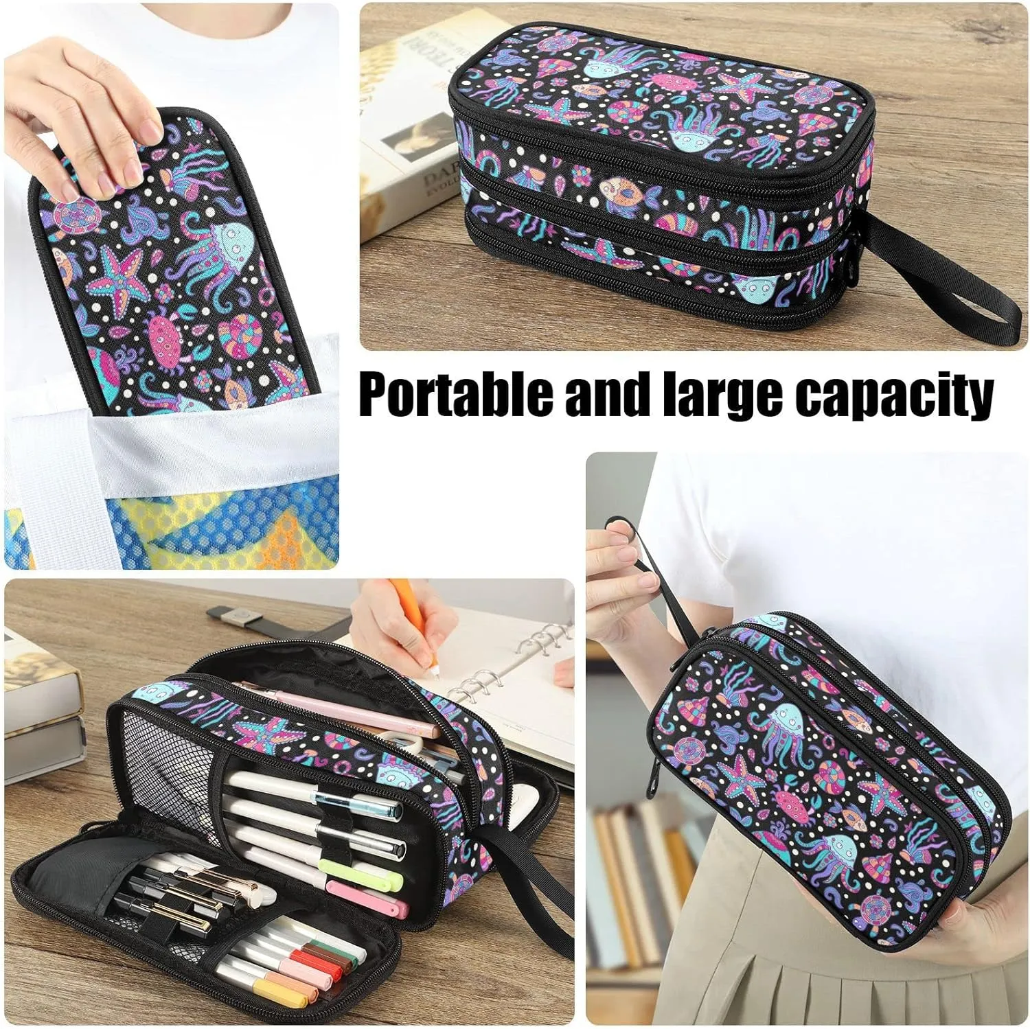 Fustylead Starfish Jellyfish Turtle Fish Pen Pencil Case Makeup Pouch Big Capacity Multi-Purpose Travel Bag Office Organizer with Zipper