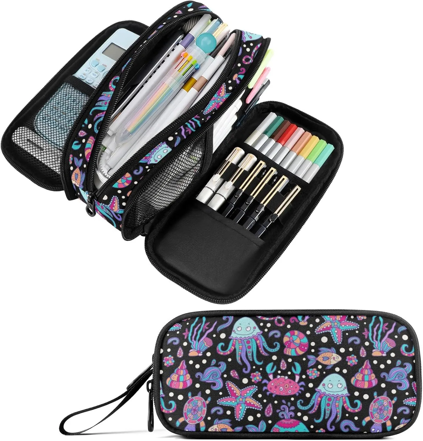 Fustylead Starfish Jellyfish Turtle Fish Pen Pencil Case Makeup Pouch Big Capacity Multi-Purpose Travel Bag Office Organizer with Zipper