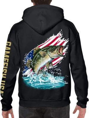 GAMEFISH USA Pullover Fleece Hooded Fishing Sweatshirt Bass Fishing Hoodie American Flag