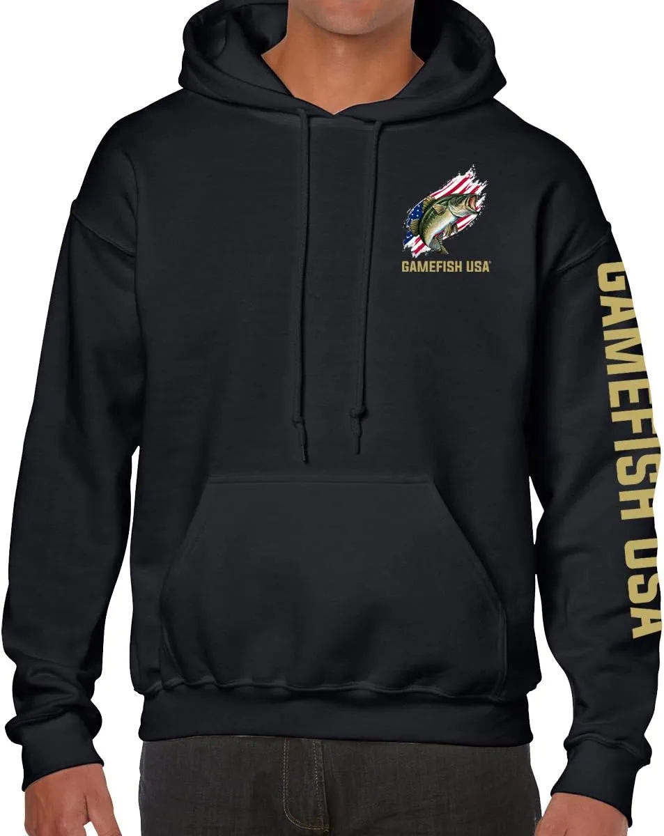 GAMEFISH USA Pullover Fleece Hooded Fishing Sweatshirt Bass Fishing Hoodie American Flag