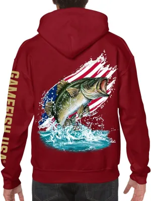 GAMEFISH USA Pullover Fleece Hooded Fishing Sweatshirt Bass Fishing Hoodie American Flag