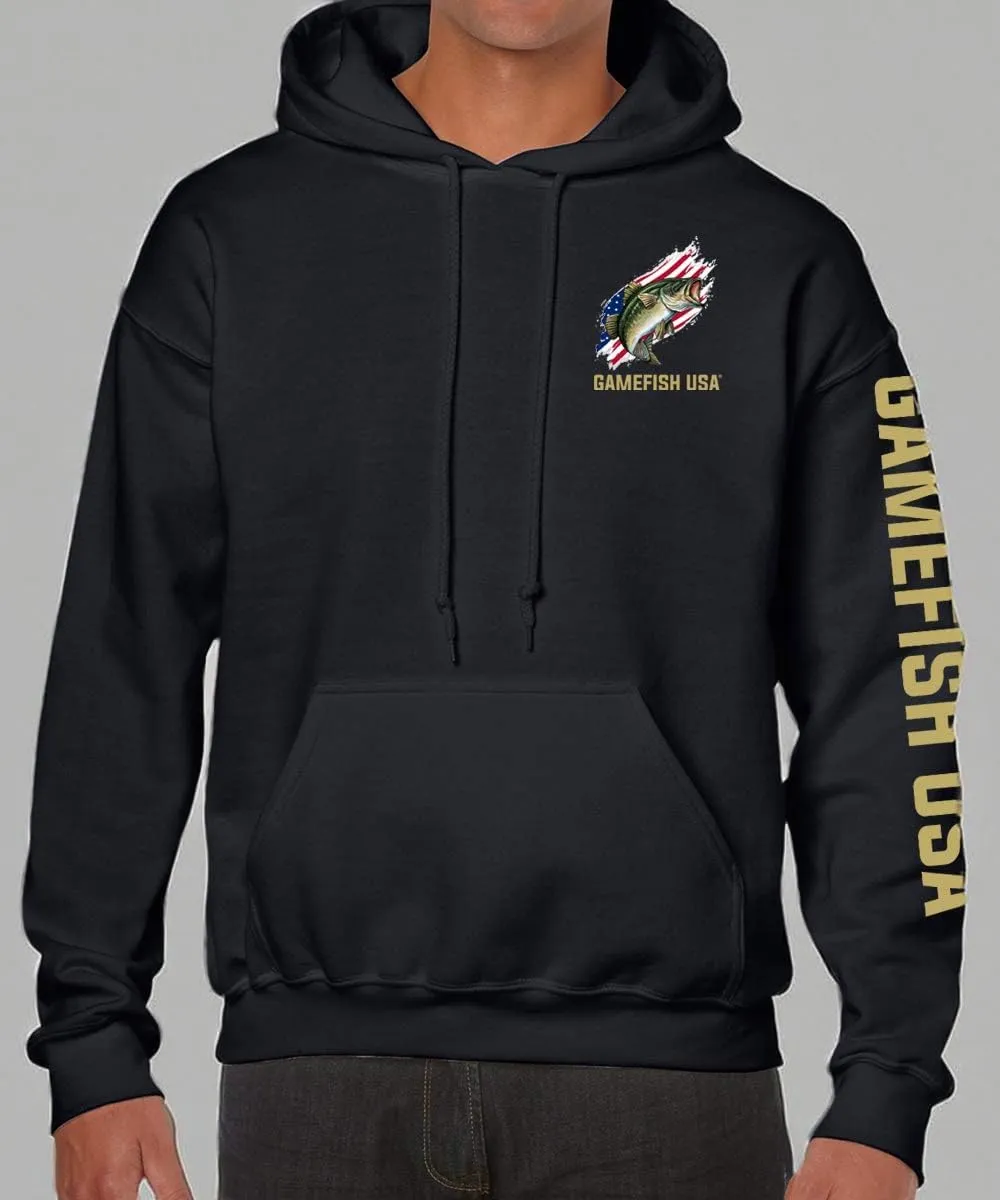 GAMEFISH USA Pullover Fleece Hooded Fishing Sweatshirt Bass Fishing Hoodie American Flag