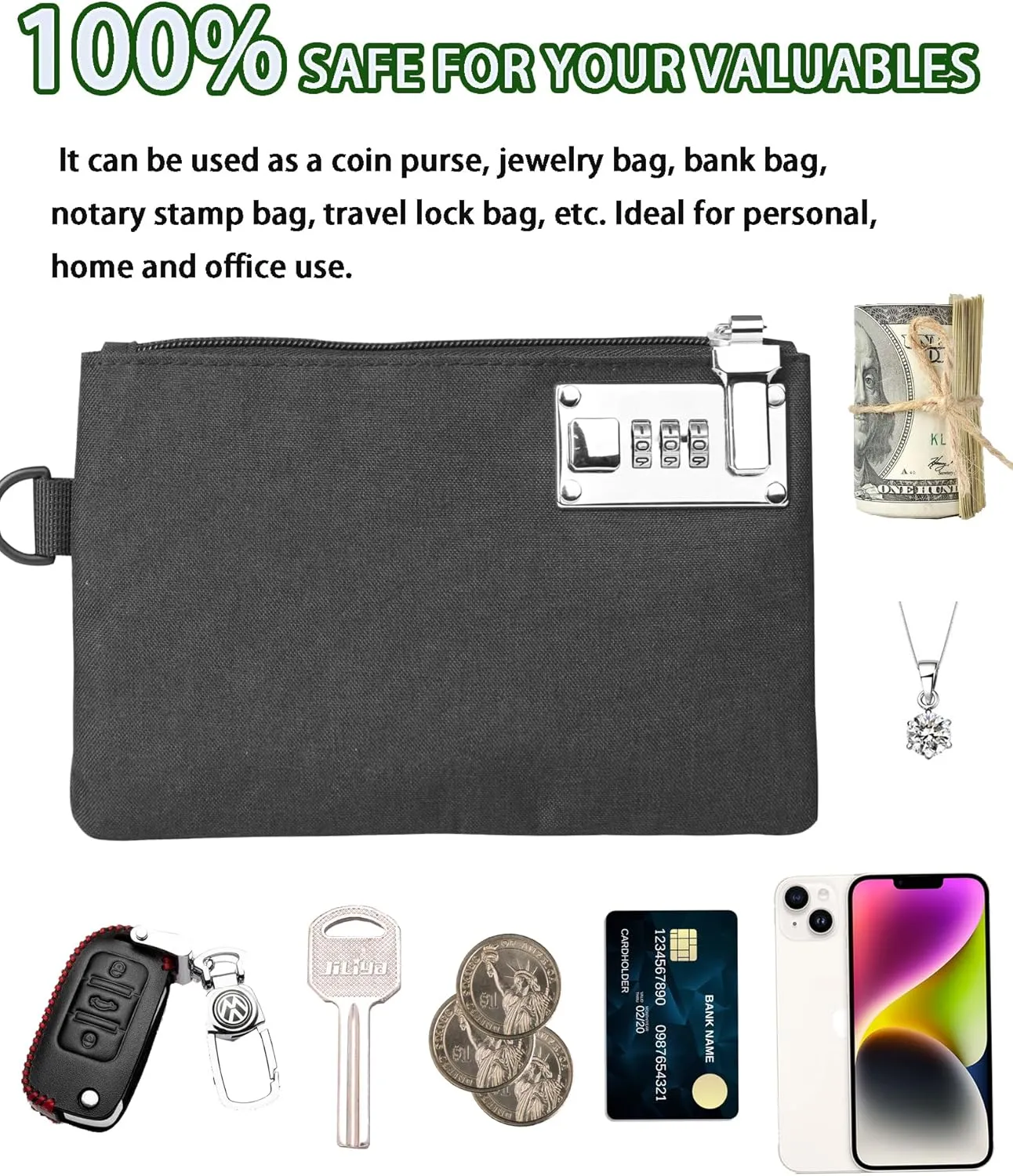GEEDUD Lockable Money Bag - 5x8 Inches Durable Nylon Locking Bank Bag Coin Purse for Cash, Jewelry, Passports, Medicine, Credit Cards and Valuable Storage Cash Bag (Black)