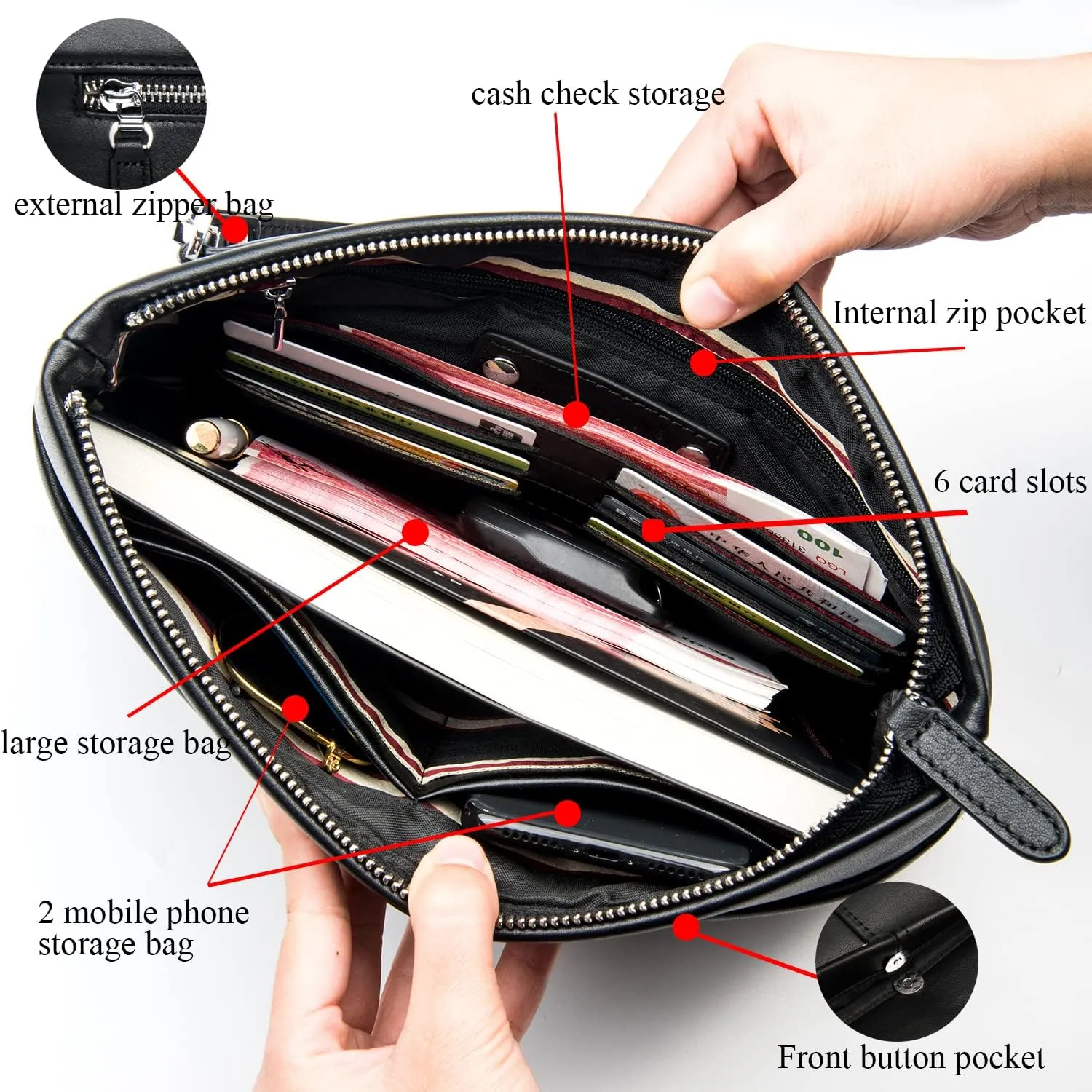 Genuine Leather Clutch Bag for Men Handbag Wrist Bag Business Large Purse Envelope Bag