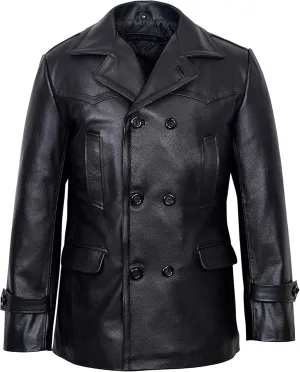 German Pea Coat Men Classic Reefer Military Style Cowhide Leather Jacket DR-Who