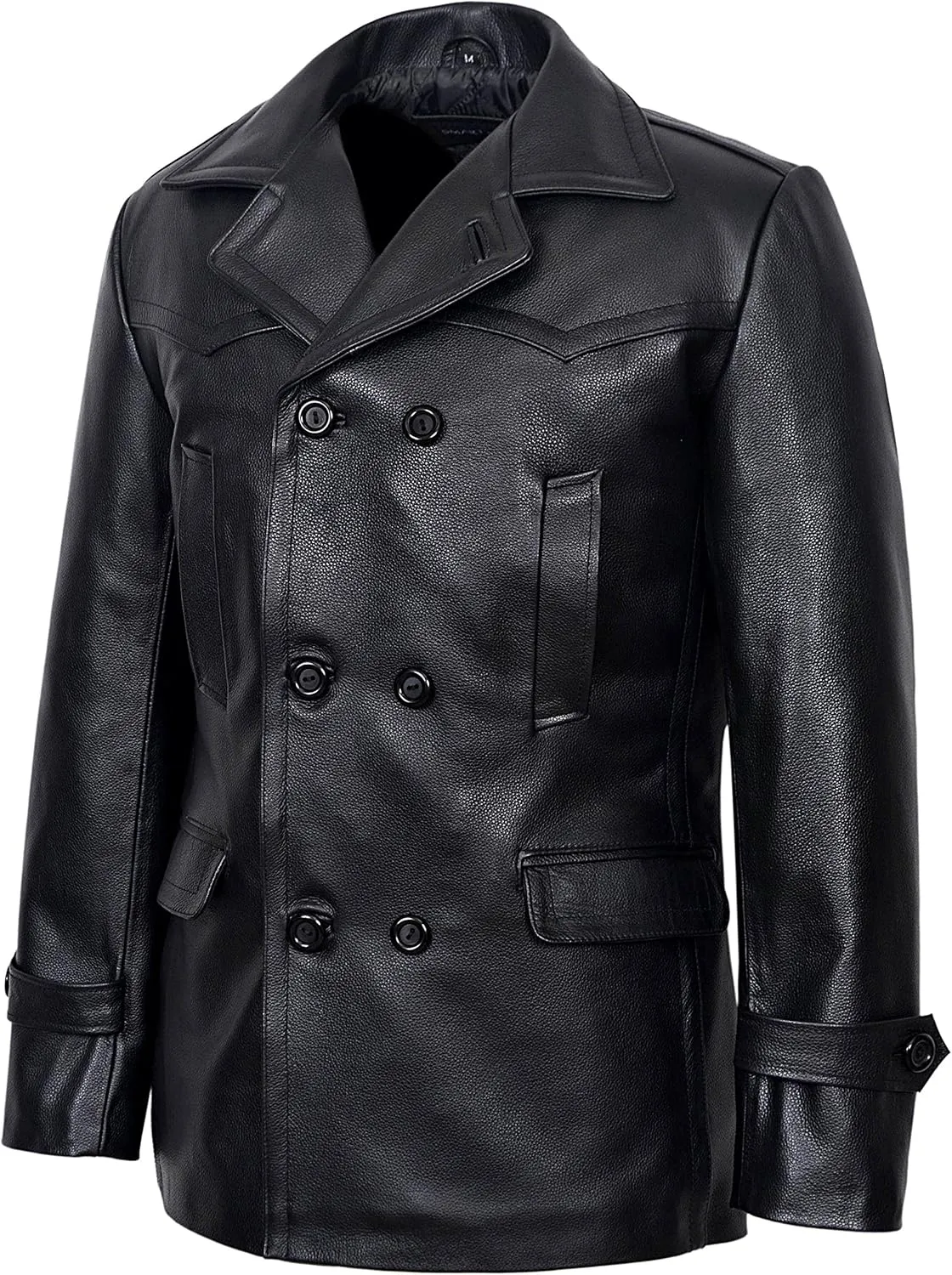 German Pea Coat Men Classic Reefer Military Style Cowhide Leather Jacket DR-Who