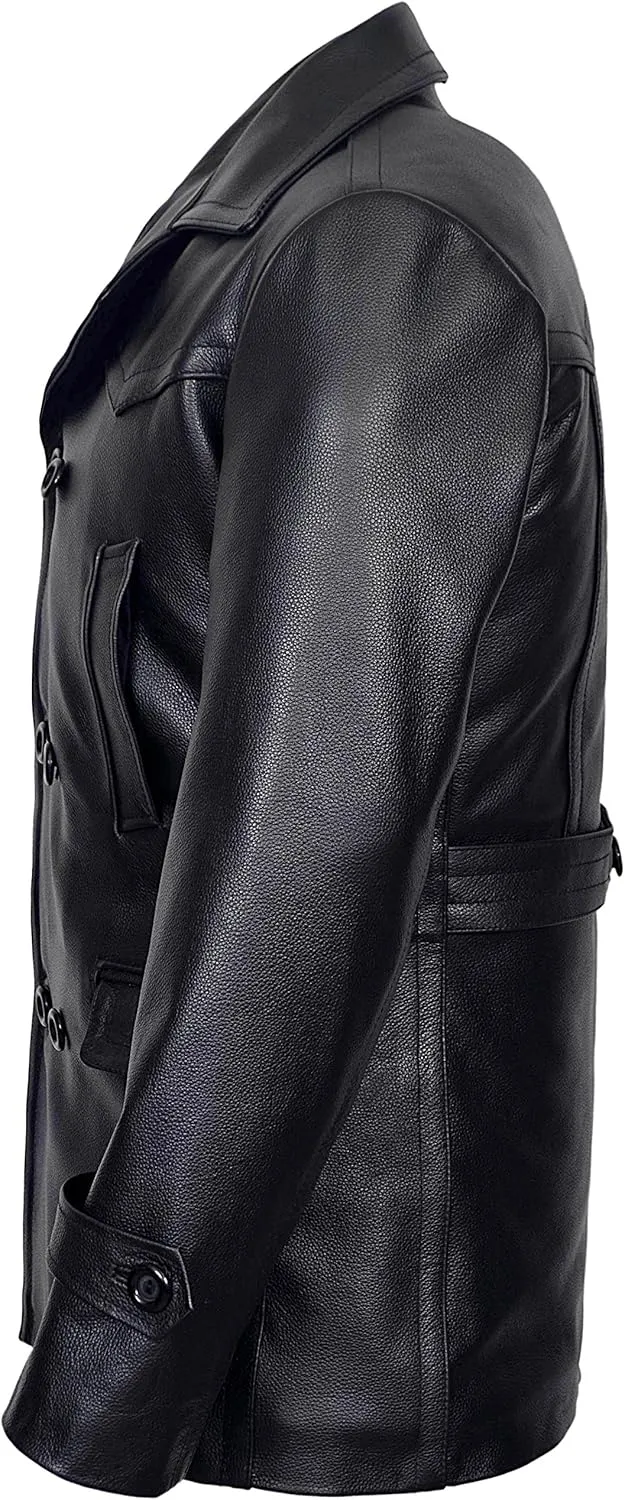 German Pea Coat Men Classic Reefer Military Style Cowhide Leather Jacket DR-Who
