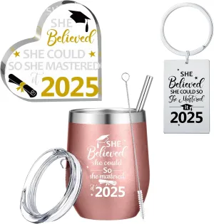 Gerrii 3 Pcs Masters Graduation Gifts Set She Believed She Could So She Mastered It 2025 Insulated Tumbler 12 oz Acrylic Heart Decor Keychain Graduation Masters Degree Gifts for Women (Master)