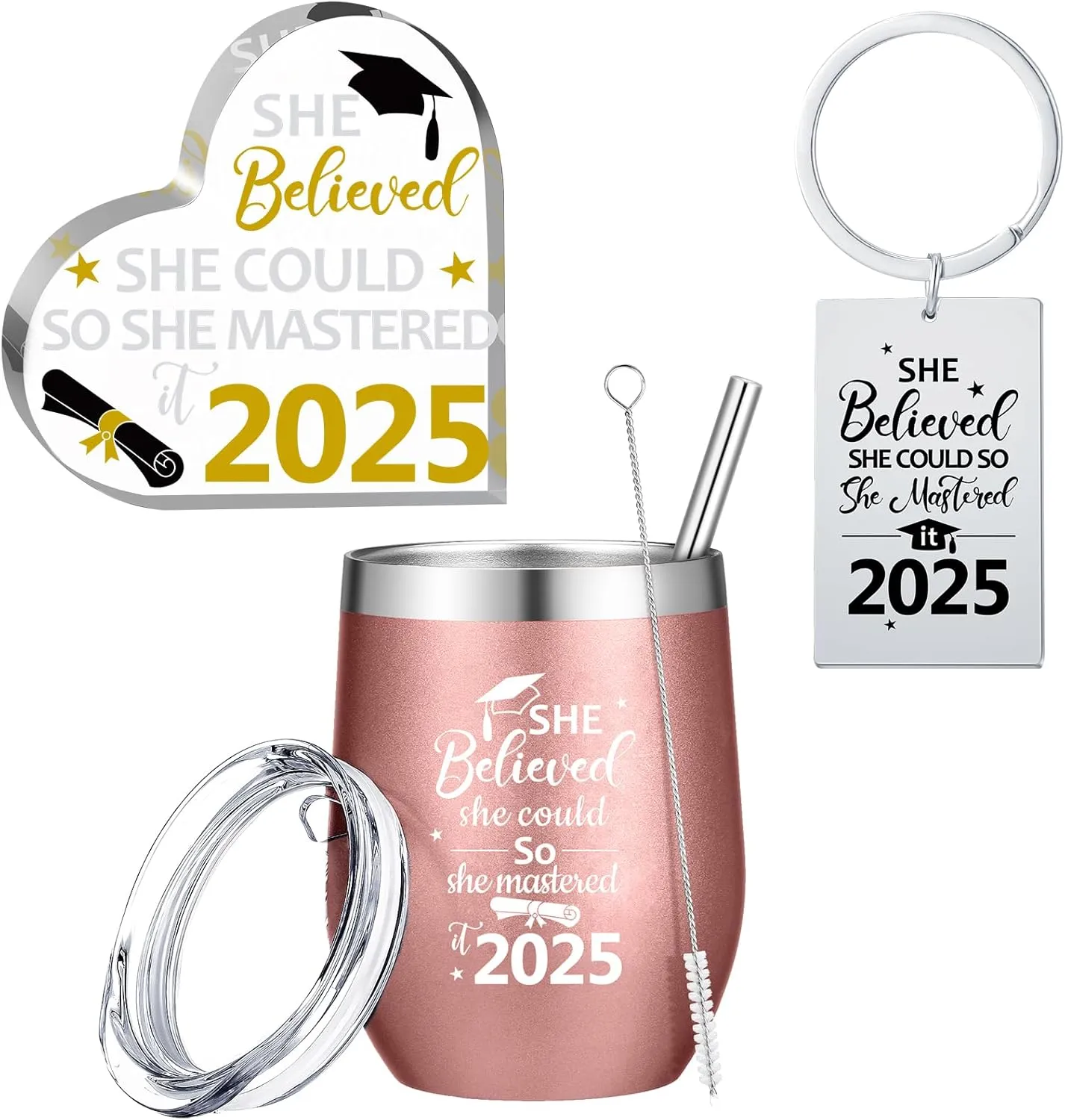 Gerrii 3 Pcs Masters Graduation Gifts Set She Believed She Could So She Mastered It 2025 Insulated Tumbler 12 oz Acrylic Heart Decor Keychain Graduation Masters Degree Gifts for Women (Master)