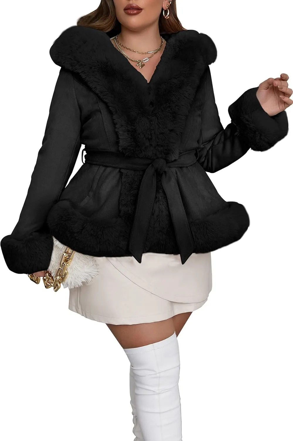 Geschallino Women's Faux Suede Leather Jacket Winter Plus Size Hooded Jacket Warm Fleece lined Dress Belt Coat (1X-5X)
