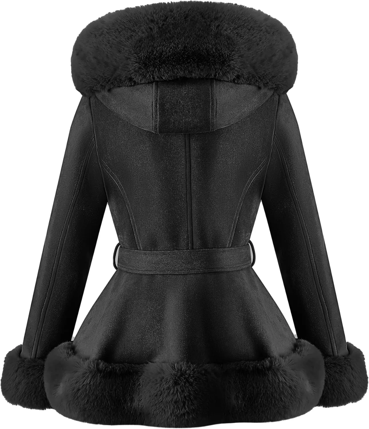 Geschallino Women's Faux Suede Leather Jacket Winter Plus Size Hooded Jacket Warm Fleece lined Dress Belt Coat (1X-5X)
