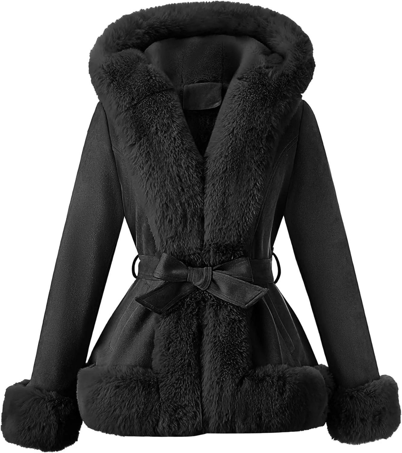 Geschallino Women's Faux Suede Leather Jacket Winter Plus Size Hooded Jacket Warm Fleece lined Dress Belt Coat (1X-5X)