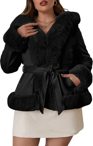 Geschallino Women's Faux Suede Leather Jacket Winter Plus Size Hooded Jacket Warm Fleece lined Dress Belt Coat (1X-5X)