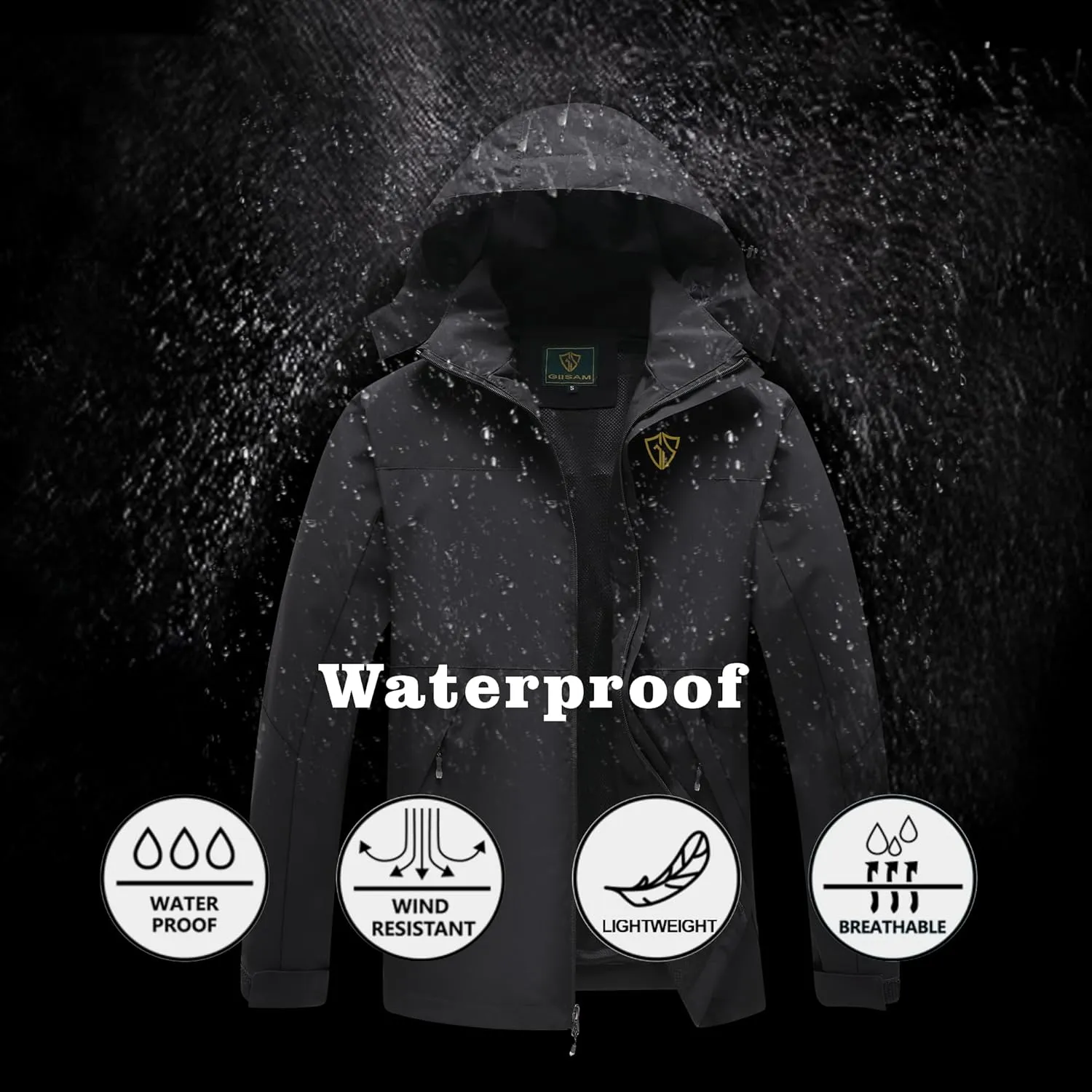 GIISAM Rain Jacket for Men, Mens Waterproof Raincoat Lightweight Rain Jackets Outdoor Rain Coat Windbreaker with Hood