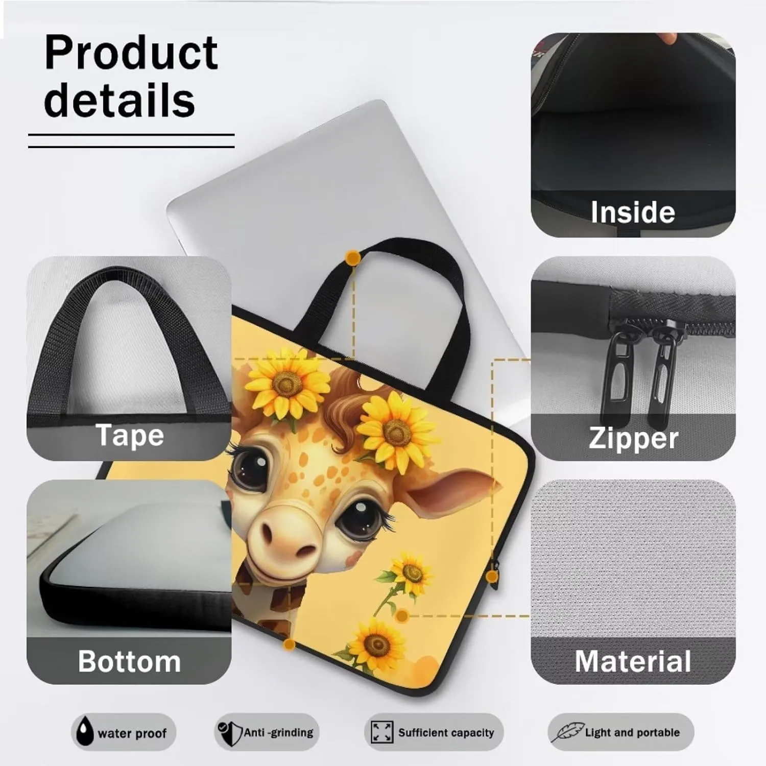 Giraffe 15 Inch Laptop Sleeve, Laptop Cover Computer Bag Tablet Carrying Case with Handle, Fashion Zipper Tote Bags Notebook Sleeves Handbag Messenger Briefcase Gifts for Women