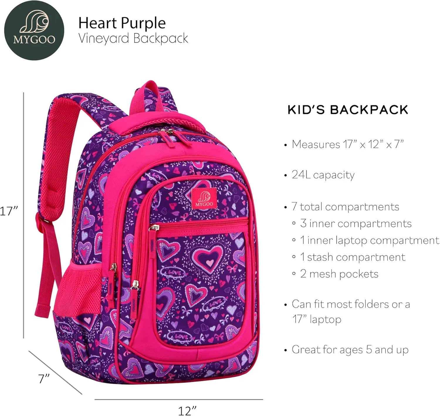 Girls Backpack - 17" Tall Primary School Bag, Vineyard Collection, 24L Capacity, Heart Purple