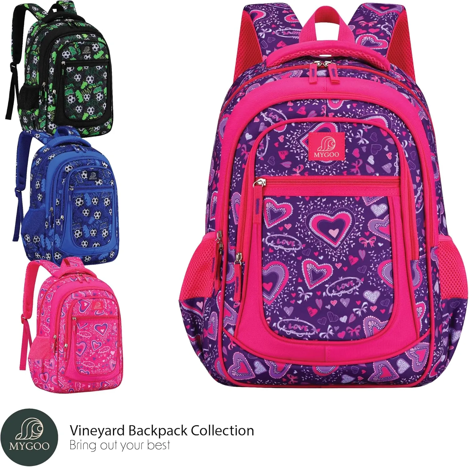 Girls Backpack - 17" Tall Primary School Bag, Vineyard Collection, 24L Capacity, Heart Purple