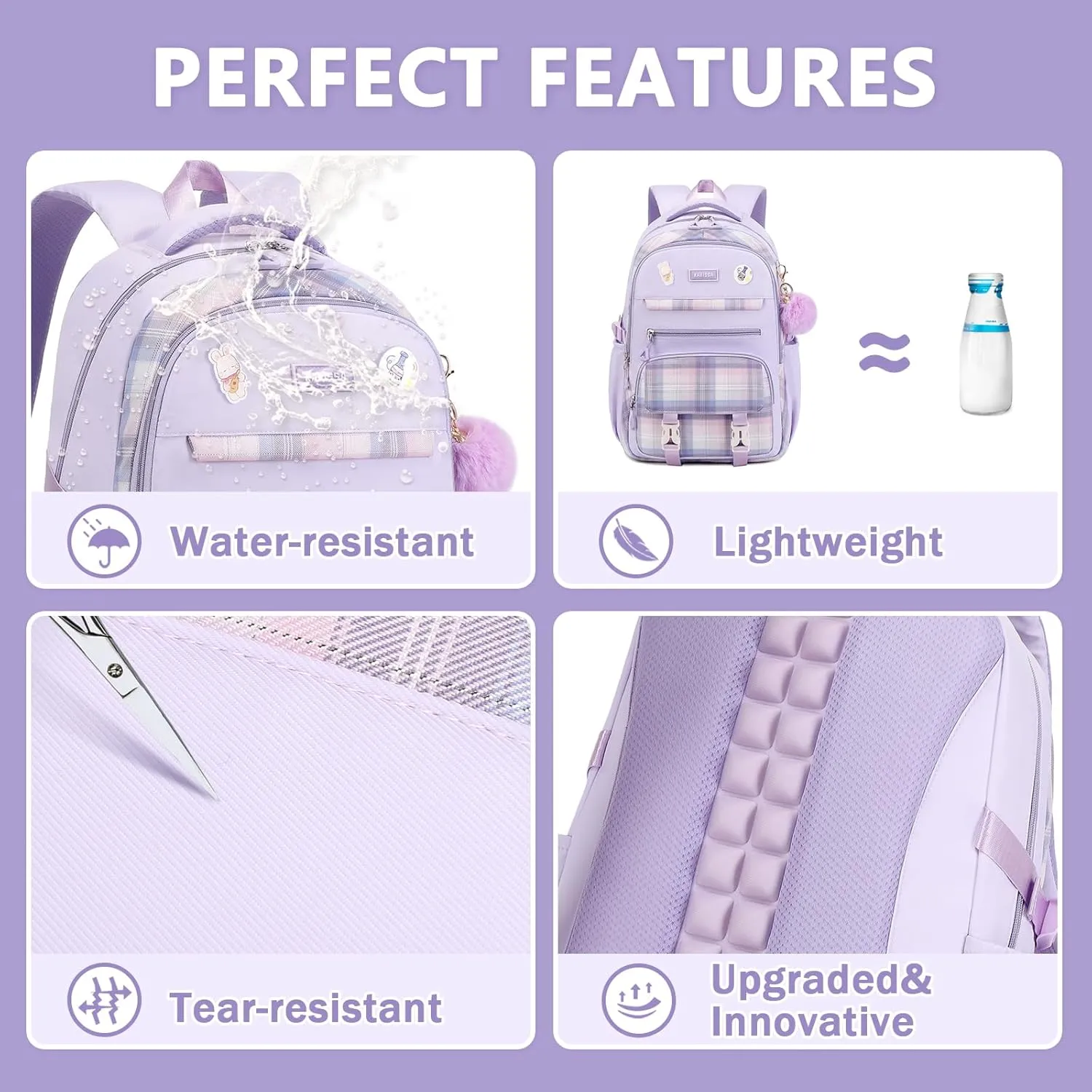 Girls Backpack for School, Kawaii Bookbag for Teen Multiple Pockets School Bag for Primary Elementary Middle School, Age 6-14,Purple