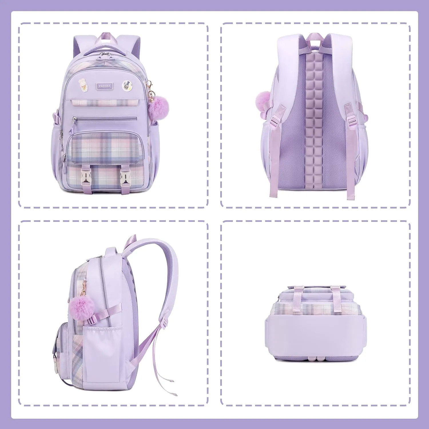 Girls Backpack for School, Kawaii Bookbag for Teen Multiple Pockets School Bag for Primary Elementary Middle School, Age 6-14,Purple