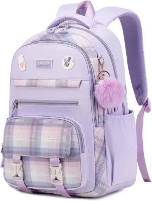 Girls Backpack for School, Kawaii Bookbag for Teen Multiple Pockets School Bag for Primary Elementary Middle School, Age 6-14,Purple