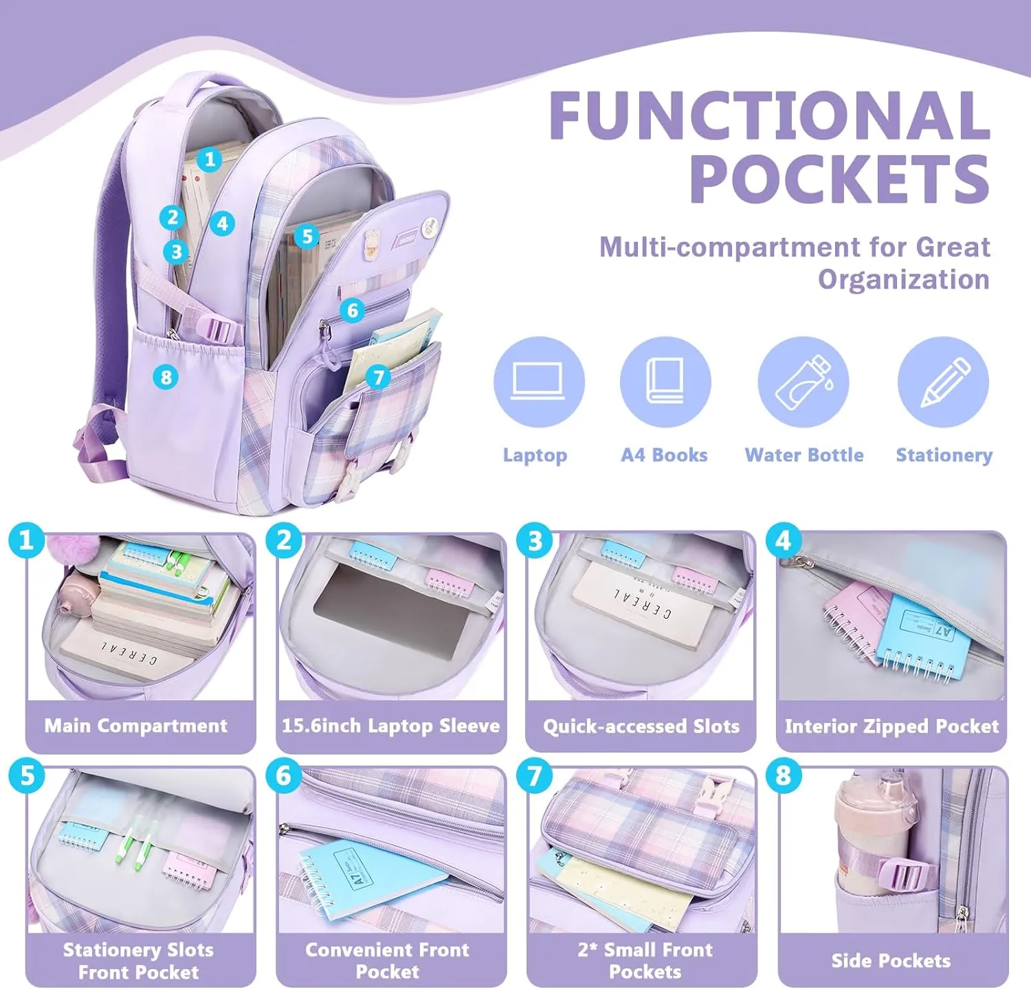 Girls Backpack for School, Kawaii Bookbag for Teen Multiple Pockets School Bag for Primary Elementary Middle School, Age 6-14,Purple