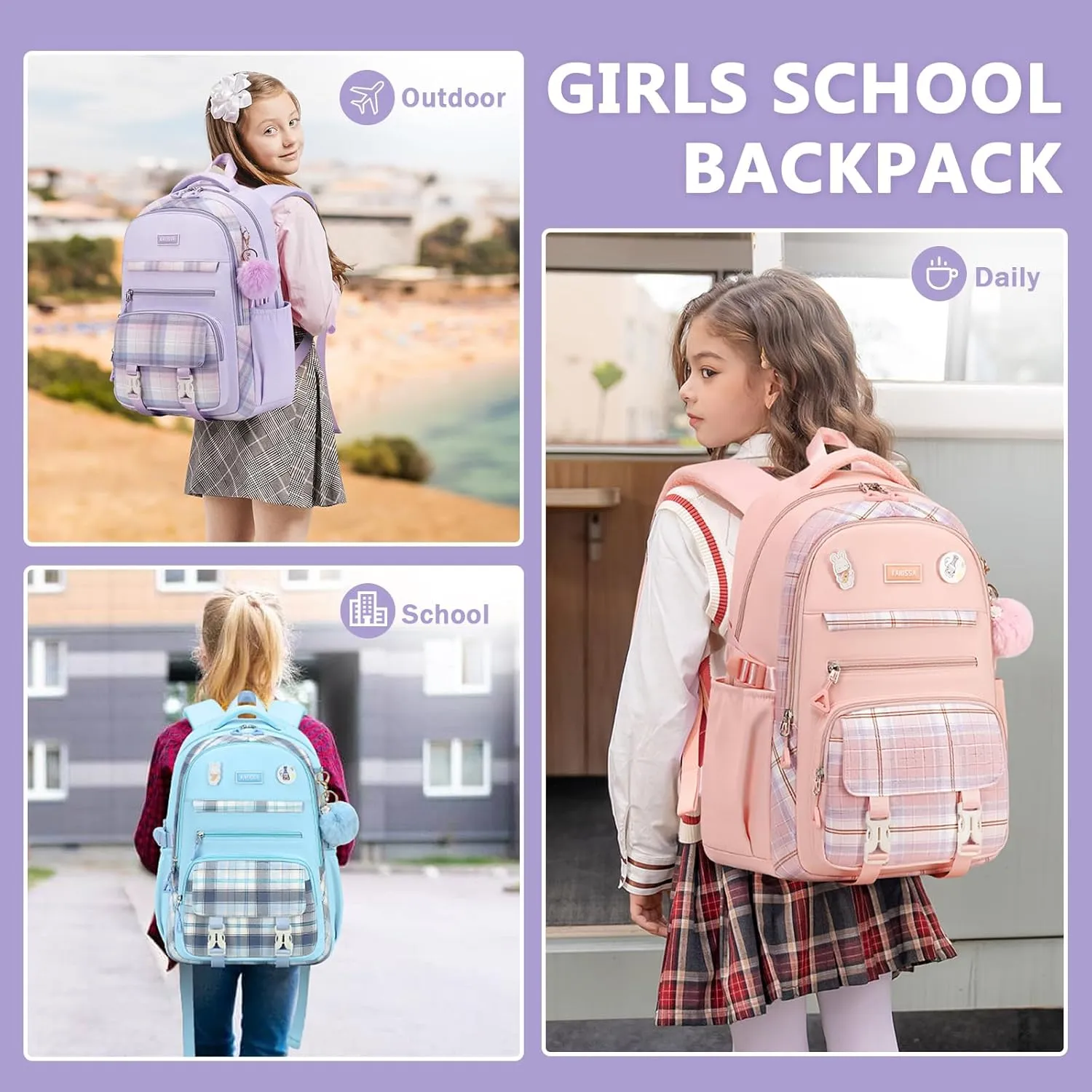 Girls Backpack for School, Kawaii Bookbag for Teen Multiple Pockets School Bag for Primary Elementary Middle School, Age 6-14,Purple